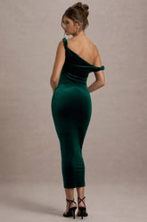 Bottle Green Velvet Twisted Asymmetric Midi Dress